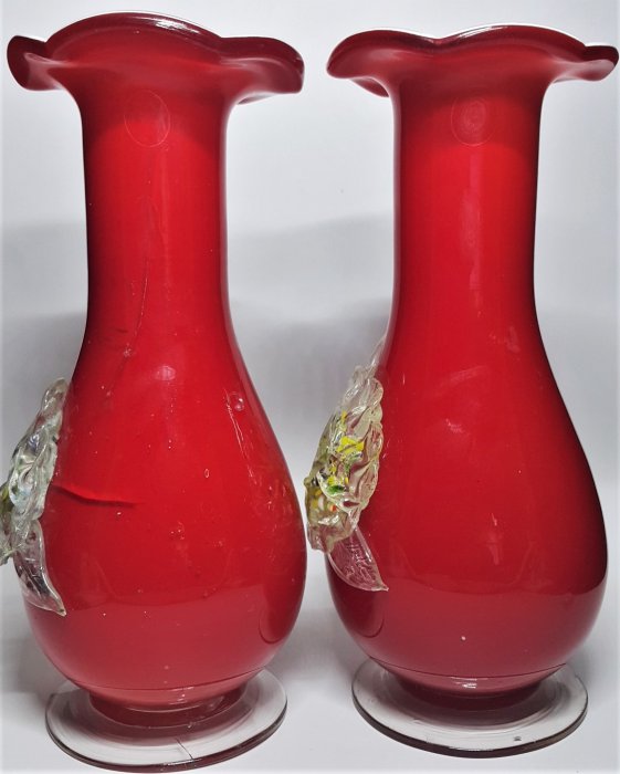 早期日據昭和年代手拉吹製老琉璃玻璃紅色牡丹花瓶一對(有損) 花器