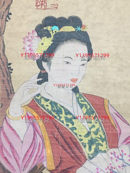 中国古美術・仕女図三尺画芯・純手描き・工筆・彩色画・仇英印款・書道・宣紙・带水印 中国古美術・仕女図三尺画芯・純手描き・工筆・彩色画・仇英印