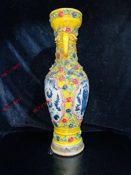 可議價元～元青花白滸孤窯捏花開窗人物象耳花瓶100，尺寸如圖28685青瓷