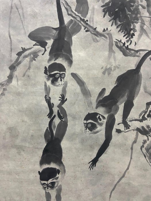 樊有信，河南籍臺灣畫家師從黃君璧七十年代大幅中堂畫《猴子撈月圖》國