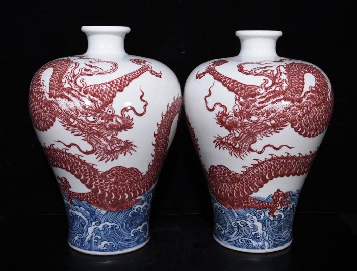 青花釉里紅に花龍紋梅瓶を着る アクセサリー セラミックの花瓶 置物 骨董品 元青花釉里红龙纹梅瓶高档仿古元青花瓷器梅瓶元代瓷器龙纹梅瓶