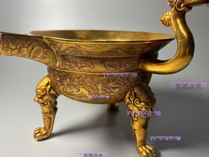 古玩大唐貞觀酒器唐代酒杯三足龍首鎏金杯金器收藏雜項銅鎏金擺件收藏老