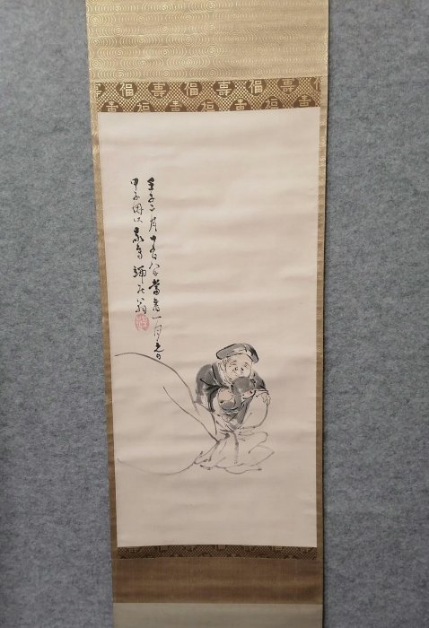 日本回流佛畫軸掛軸笑翁大黑天真純手繪紙本福壽裱大黑木軸140cm*29.5cm