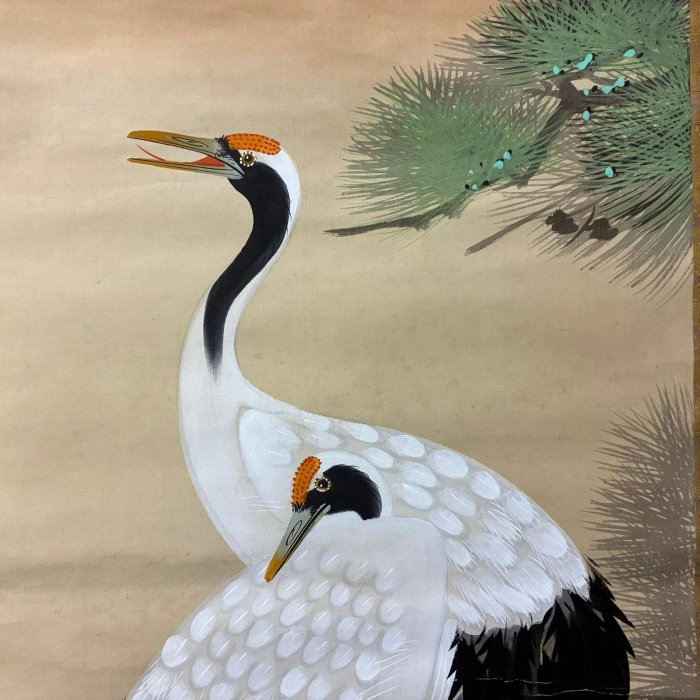 藏舊尋寶屋】老日本畫家作落款「松鶴圖」水墨畫掛軸/畫軸/掛軸《絹本