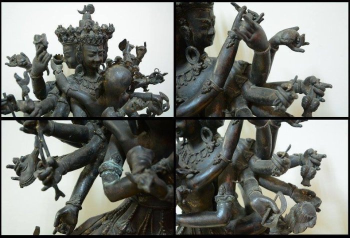 大自然之坊@ 古美術@ 西藏十九世紀@藏傳密教@四面十六臂@ 古銅泥金勝樂