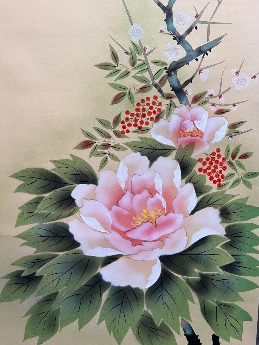 嚴選敏夫創作的187×54公分絹本人工手繪四季花卉立軸，色彩鮮豔畫工精細