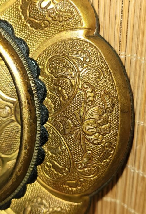 六合堂@@@日本百年皇城古董等級銅鎏金手鎚花引手～参考年代