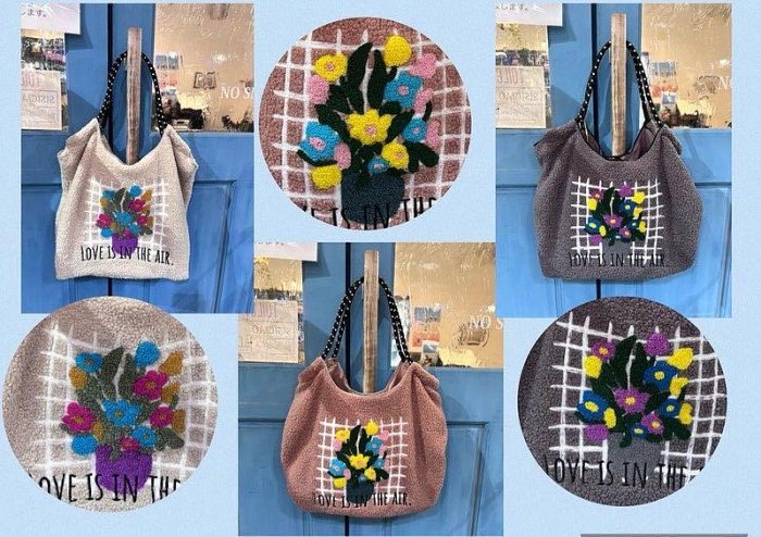 ＊日式雜貨館＊ 日本限定 羊羔毛 QQ毛 小熊 花卉 貓咪 刺繡手提肩背包 2WAY手提包 刺繡款 輕便兩用手提袋 肩背包 通勤包 購物袋 購物包