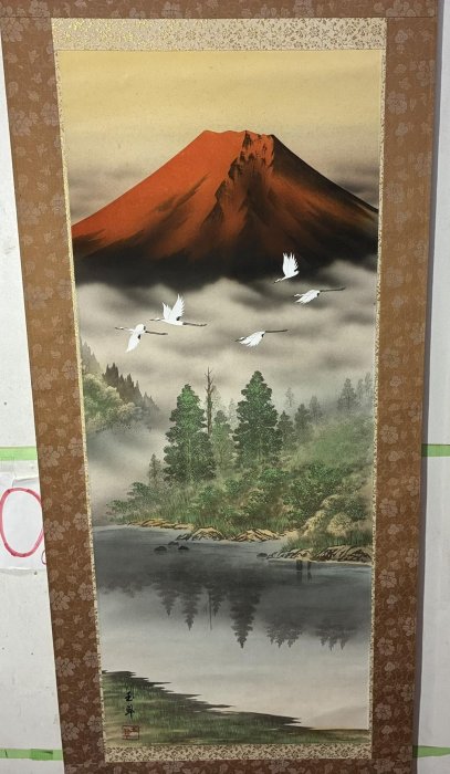 藏舊尋寶屋】老日本落款玉翠「赤富士」水墨畫軸/掛軸《絹本·手繪