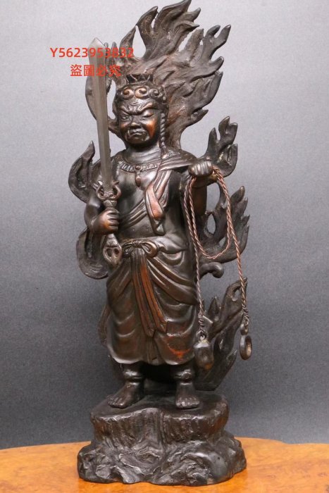 中國古董，古佛像，古銅製。 金工師旭峰作《鑄銅造不動明王立像》 日本回流古董銅佛像金工師