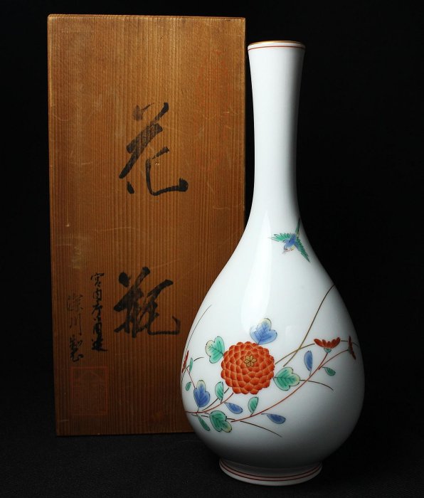 桑園の】日本宮廷御用深川製磁花鳥鶴頸花瓶花瓶花器美品桐箱D 3220