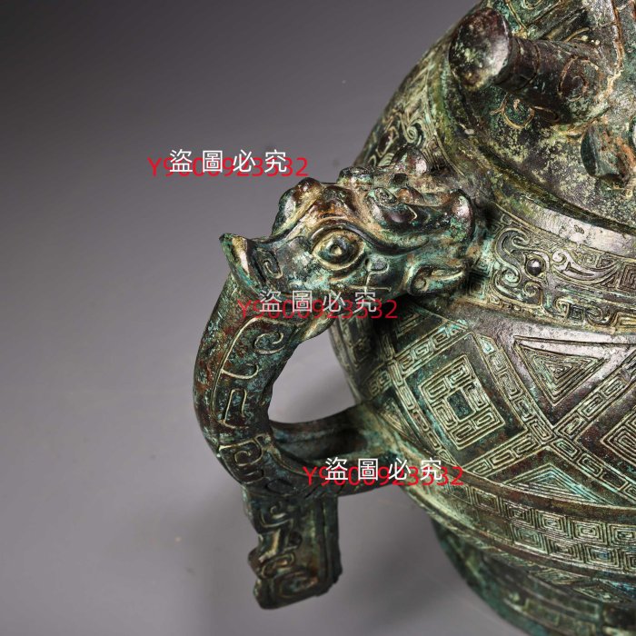 珍品舊藏收青銅器龍頭耳圓鼎食鍋工藝精湛器形款式精美重3500克高20