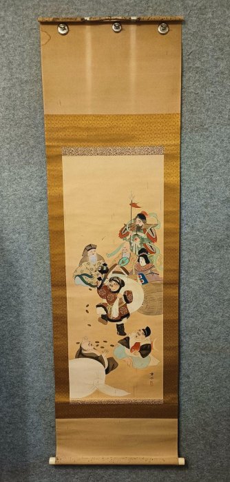 嚴選以大黑天為中心的七福神掛軸，日本回流純手繪絹本綾裱，完美保存縱
