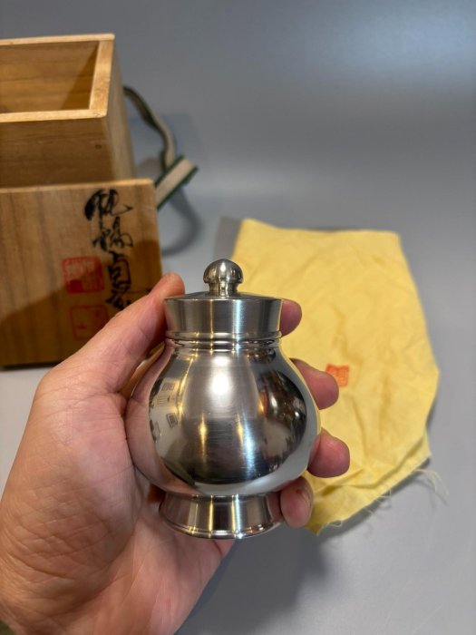 日本中古靜壽居辻井藏苑作卣式官帽型錫罐錫茶入錫茶葉罐純錫瑞祥官帽