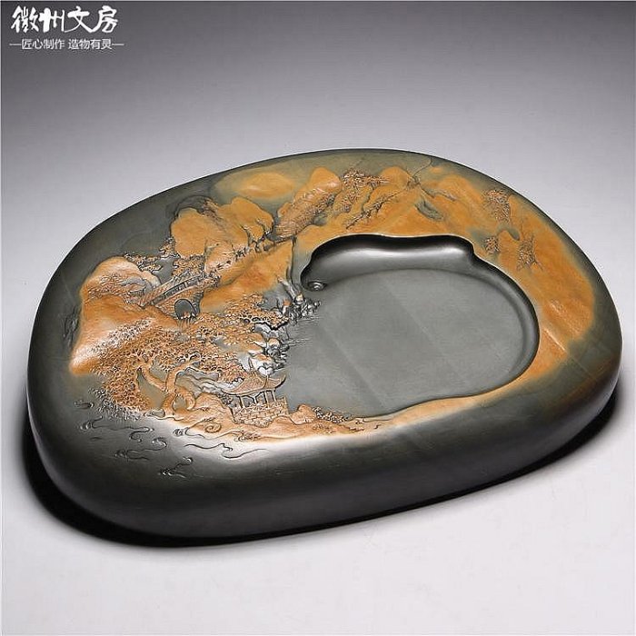 中國歙硯老坑硯台手工精品山水硯老坑籽料硯台兼收藏品原石端硯wf