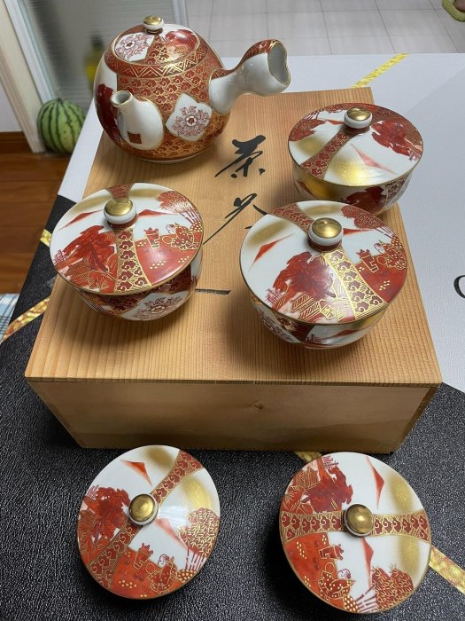 九谷燒純手繪赤繪描金一壺五蓋杯，昭和時期典藏嚴選，大容量400cc 九谷