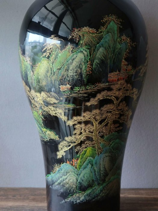 標為單福州脫胎漆器山水人物花瓶一對日本回流創匯時期大花瓶黑底金漆
