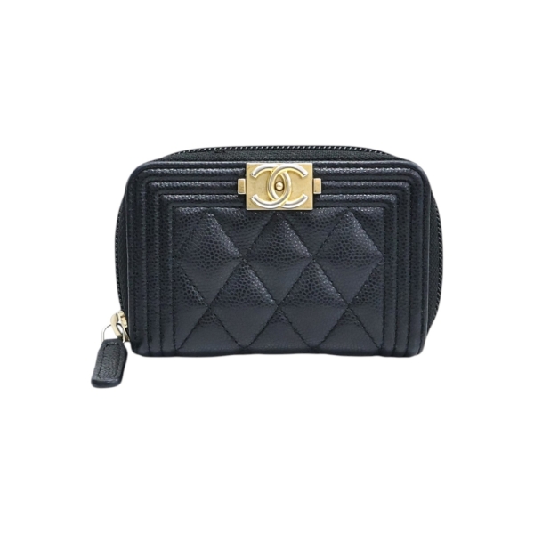 CHANEL 香奈兒 黑色牛皮 Boy 拉鏈 零錢包 A80602 【二手名牌BRAND OFF】