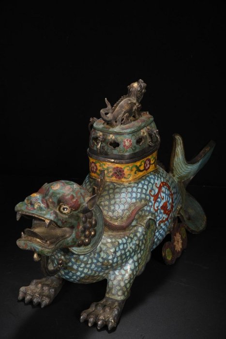 七宝焼 薫香炉 年代物 出土 銅胎景泰藍 琺瑯彩 神獣耳 香炉 大尺寸銅胎