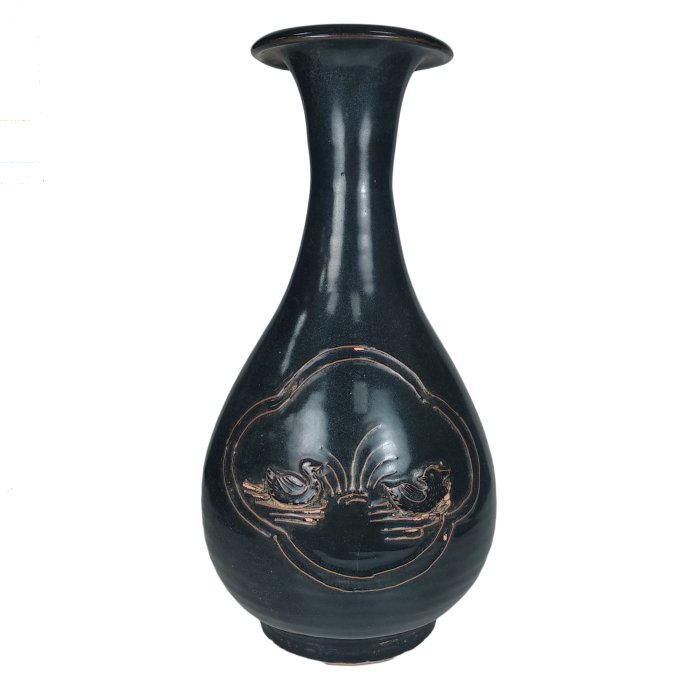 博古珍藏》宋．吉州窯黑釉刻鴛鴦圖玉壺春瓶．早期