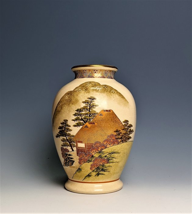 日本古美術/明治薩摩燒田舍山景圖，本薩摩，玉泉手造，共箱/花瓶/花盆