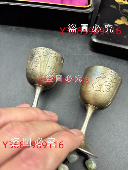 日本銀茶杯，純銀，竹谷制秋田竹谷銀酒杯對金蒔繪木盒裝可見是高品盒