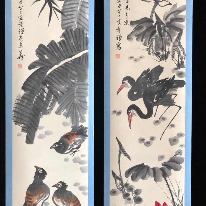 163【李苦禪】花鳥，純手繪四屏，260。裱好尺寸高x寬180*50cm 、畫芯