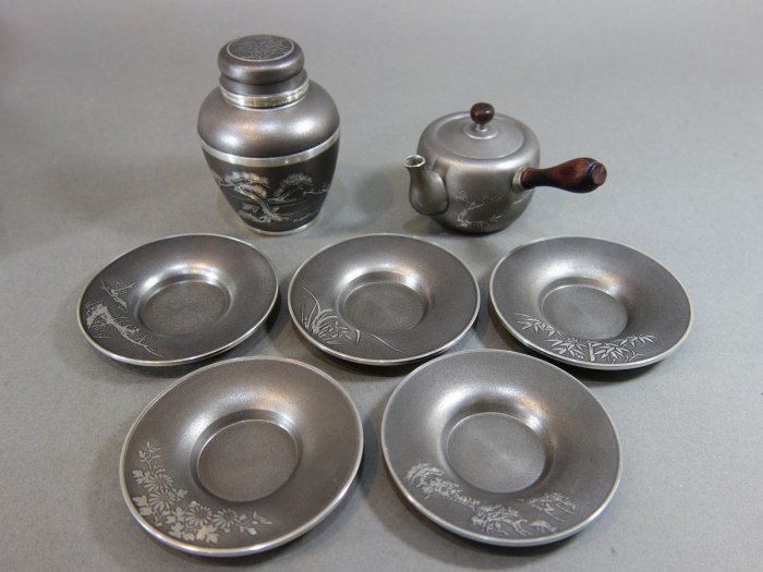 華寶軒』 日本茶道具昭和時期本錫製梅蘭竹菊松五君子茶器三件組| Yahoo拍賣