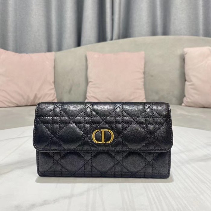 【二手精品】Dior 長夾 黑色牛皮長夾  caro菱格女士錢包 長款錢包 錢夾