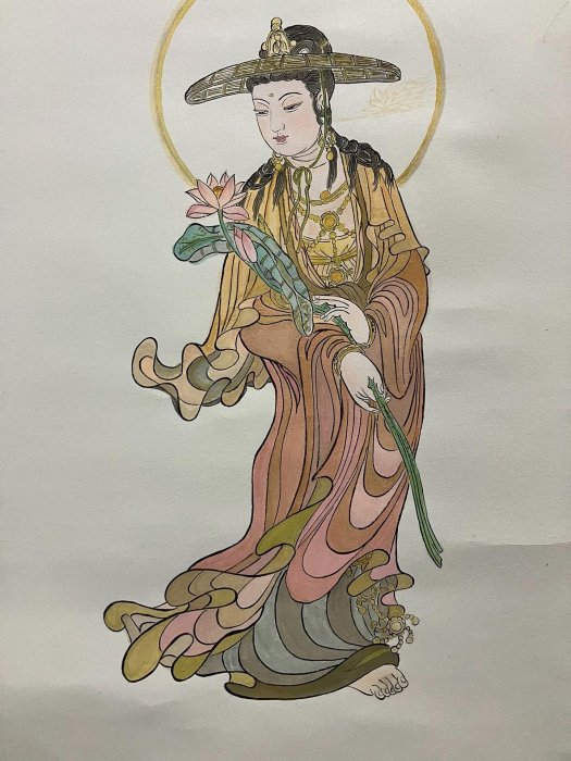 天臺宗高僧中谷宥惠創作《觀音像》佛系工筆畫，陶瓷軸頭綾裱紙本，尺寸