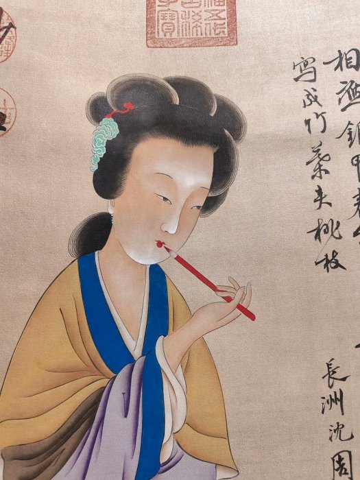 嚴選沈周風味純手工仕女圖中堂掛軸，三尺絹本藝術品客廳裝飾字畫中堂畫