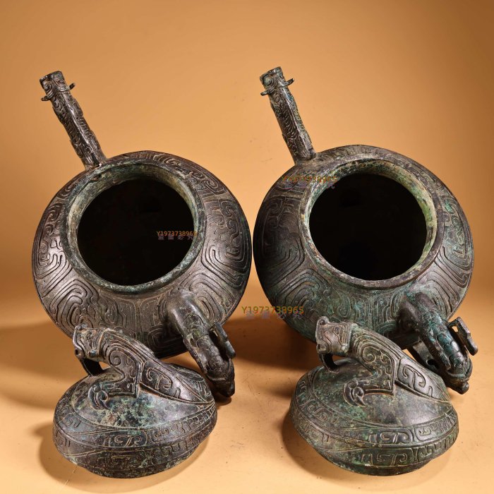 珍品成對青銅器龍蓋酒壺一對工藝精湛器形款式精美單重3000克高24厘米