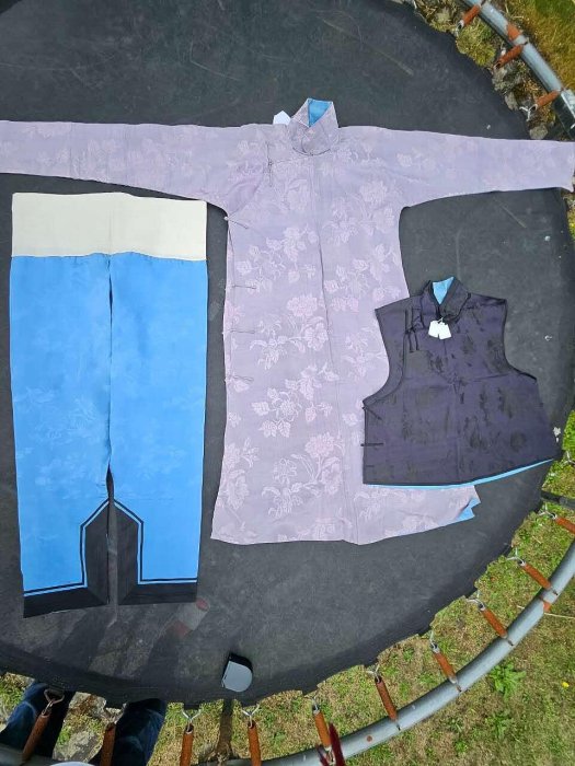 晚清女服 桑蠶絲花綾三件套 長袍坎肩長褲
