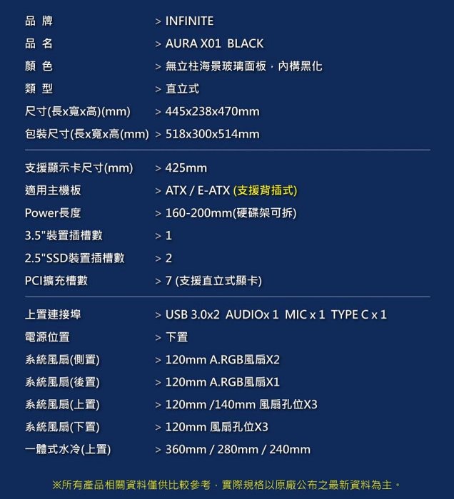 Mavoly 松聖 INFINITE AURA X01 BLACK E-ATX電腦機殼 黑色/支援背插式ATX