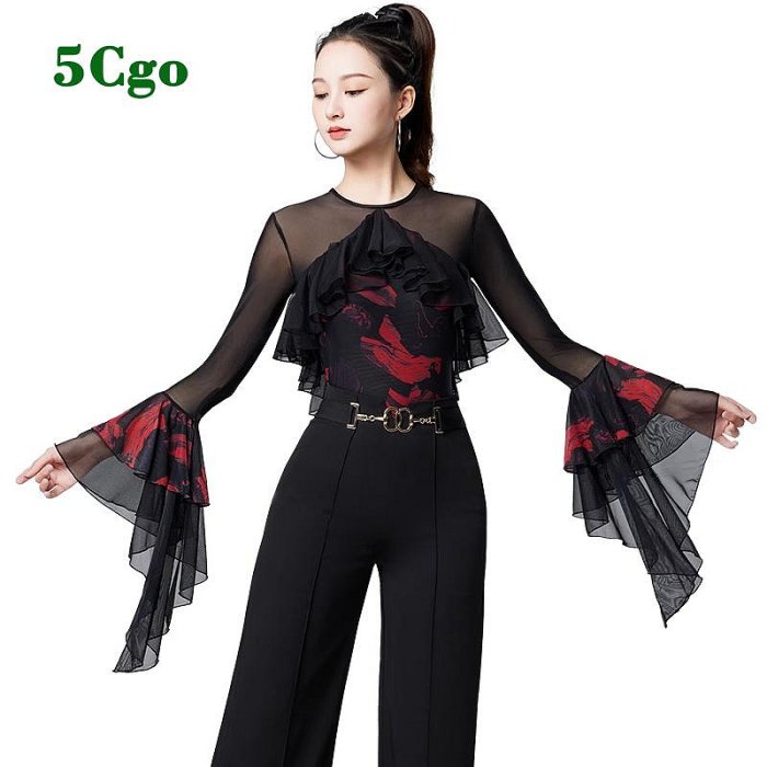 5Cgo【鴿樓】摩登舞上衣練功跳蹈服飾女成人性感印花新款拉丁國標華爾滋網紗透視喇叭袖長袖t743368090126