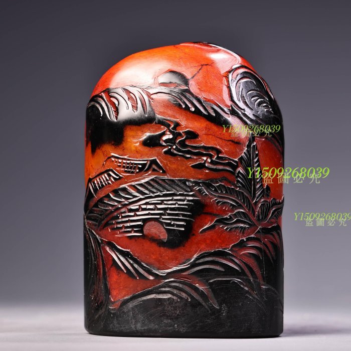 極品壽山石紅田黃級烏鴉皮高浮雕刻山子印章雕工精湛款古董老貨擺件【聚