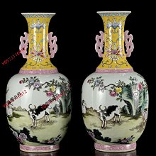 可議價清乾隆粉彩三陽開泰花卉紋雙耳瓶。高32*15。DJ926@@5614905古玩