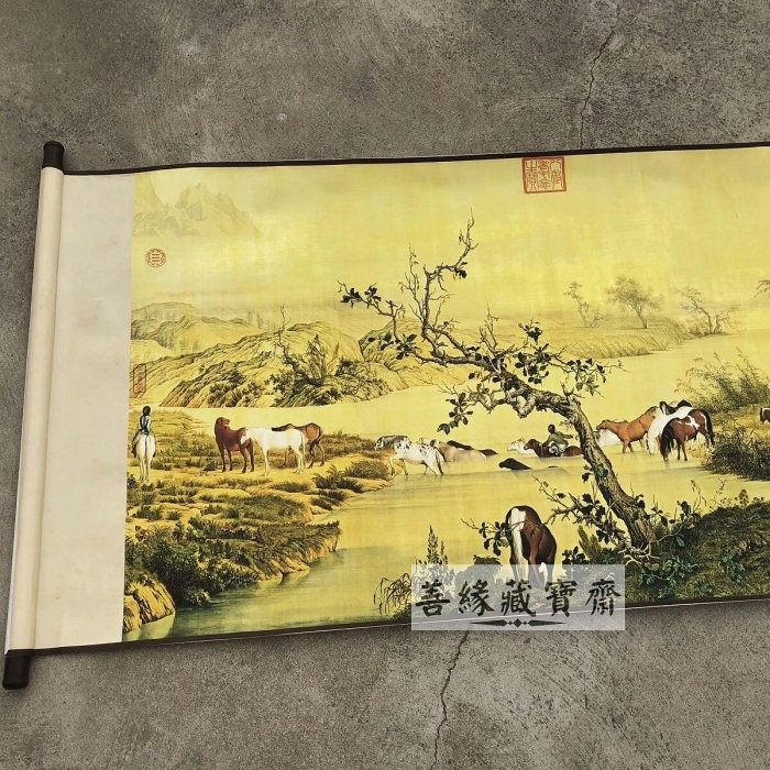 清朝郎世寧百駿圖復刻長卷畫古玩字畫國畫收藏百馬圖家居裝飾手繪工筆