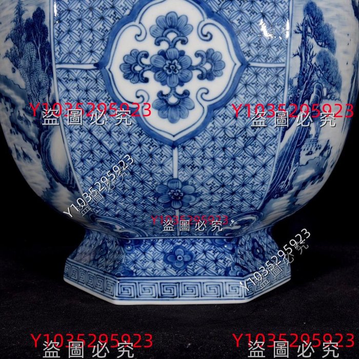 清乾隆青花開窗閣樓山水紋豎口瓶49×29 舊藏古董古玩【古齋】-2071