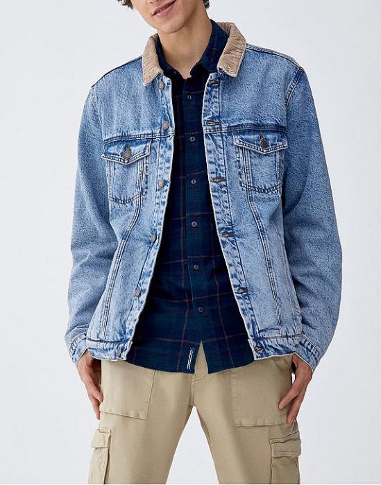 PULL&BEAR 燈蕊撞色領子 有內裡牛仔外套 藍色 M