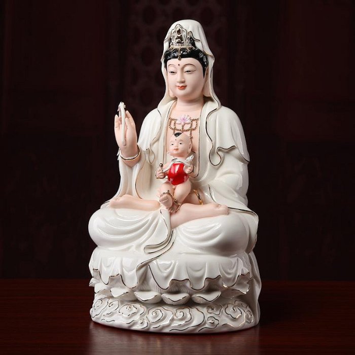 七珍陶瓷祥云送子觀音佛像擺件觀世音菩薩像供奉居家家用送子娘娘553