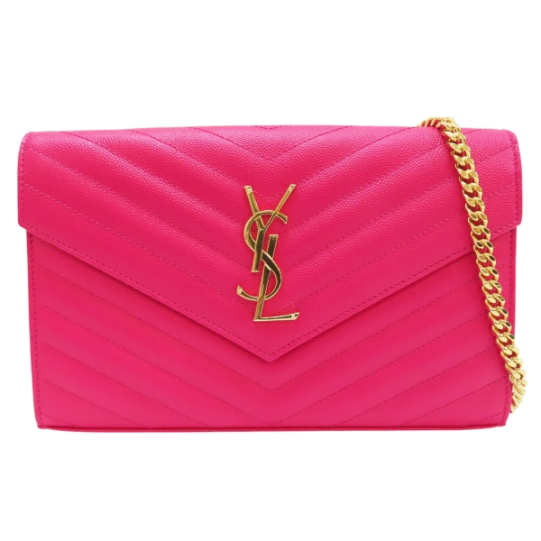 【二手名牌BRAND OFF】SAINT LAURENT YSL 聖羅蘭 桃紅色 牛皮 信封包 Cassandre 鍊帶 肩揹包 金扣