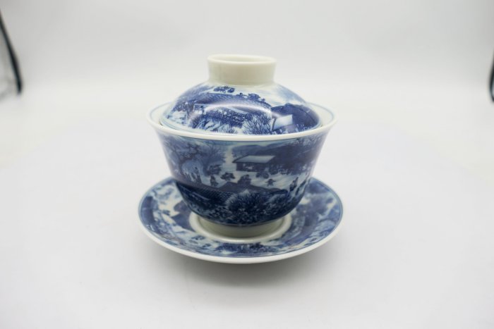 小蔡二手挖寶網) 早期景德鎮乾隆御製青花清明上河圖三才蓋碗茶杯蓋盤易