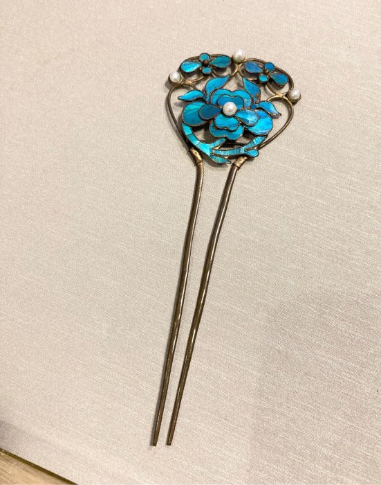 點翠銀簪  古董 銀鍍金纍絲點翠嵌寶石葵花面簪- 故宮
