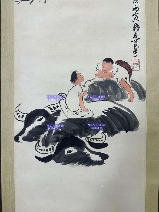 04【李可染】牧牛圖，精品純手繪四屏，裝裱尺寸:200*41cm ，畫芯尺寸