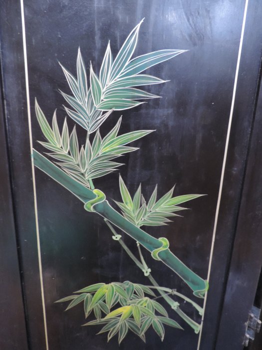 禎安丹雜藝~早期玉石美人圖漆器四連屏風鑲玉嵌寶梅蘭菊竹四君子繪畫