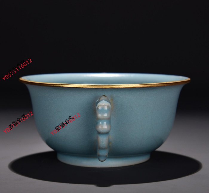 舊藏宋汝窯天藍釉包金口雙耳尊尺寸：7×1920xq29727古玩收藏擺件| Yahoo拍賣