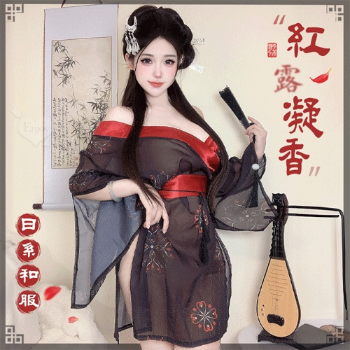 情趣和服 低領美肩日系緞面拼接薄透雪紡印花側高衩三件組