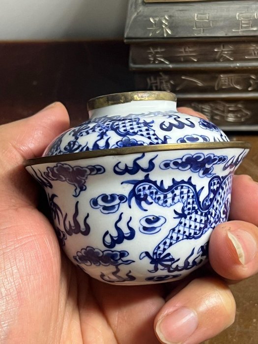 嚴選60cc泰國青花龍蓋碗若深珍藏包銅口工夫茶具青花瓷完整器若深底款小