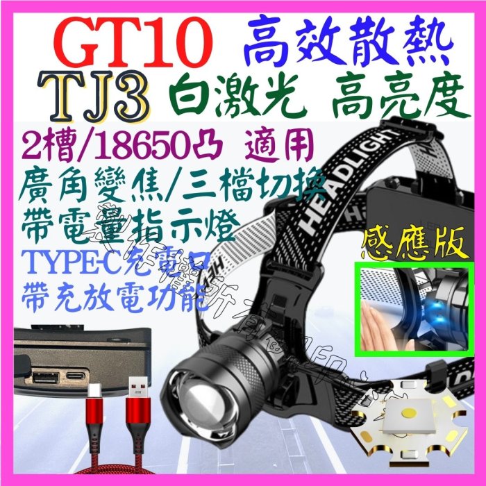 【購生活】TJ3 GT10 感應版 白鐳射 激光炮 單核 頭燈 強光頭燈 USB充 廣角變焦